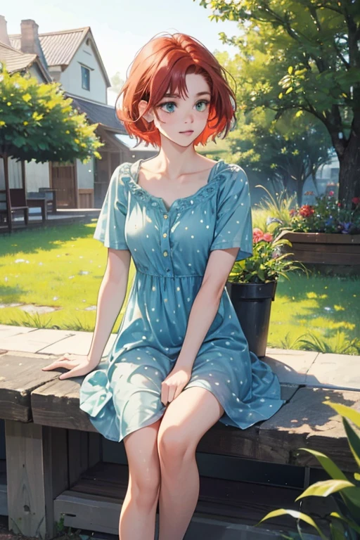 short red hair, green eyes and fair skin with freckles. She also wears a blue jean dress with gray polka dots on it, a light blue T-shirt and purple mary janes. SPARKLE; GLITTER