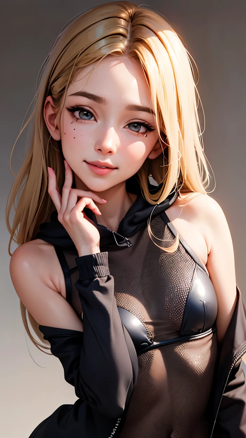 masterpiece, highest quality,Face-to-face audience, Upper body,Middle-aged women,Greek Goddess Attitude, Melon seed face, ((Long, narrow eyes)), Mole under the eye,Brown eyeball, Thin lips, Anorexia,blonde, Very long hair, Laugh with your mouth closed,40 year old mature woman, self-portrait, Simple Background,Thin legs,Close your eyes and smile,Swimwear,The happi coat is open