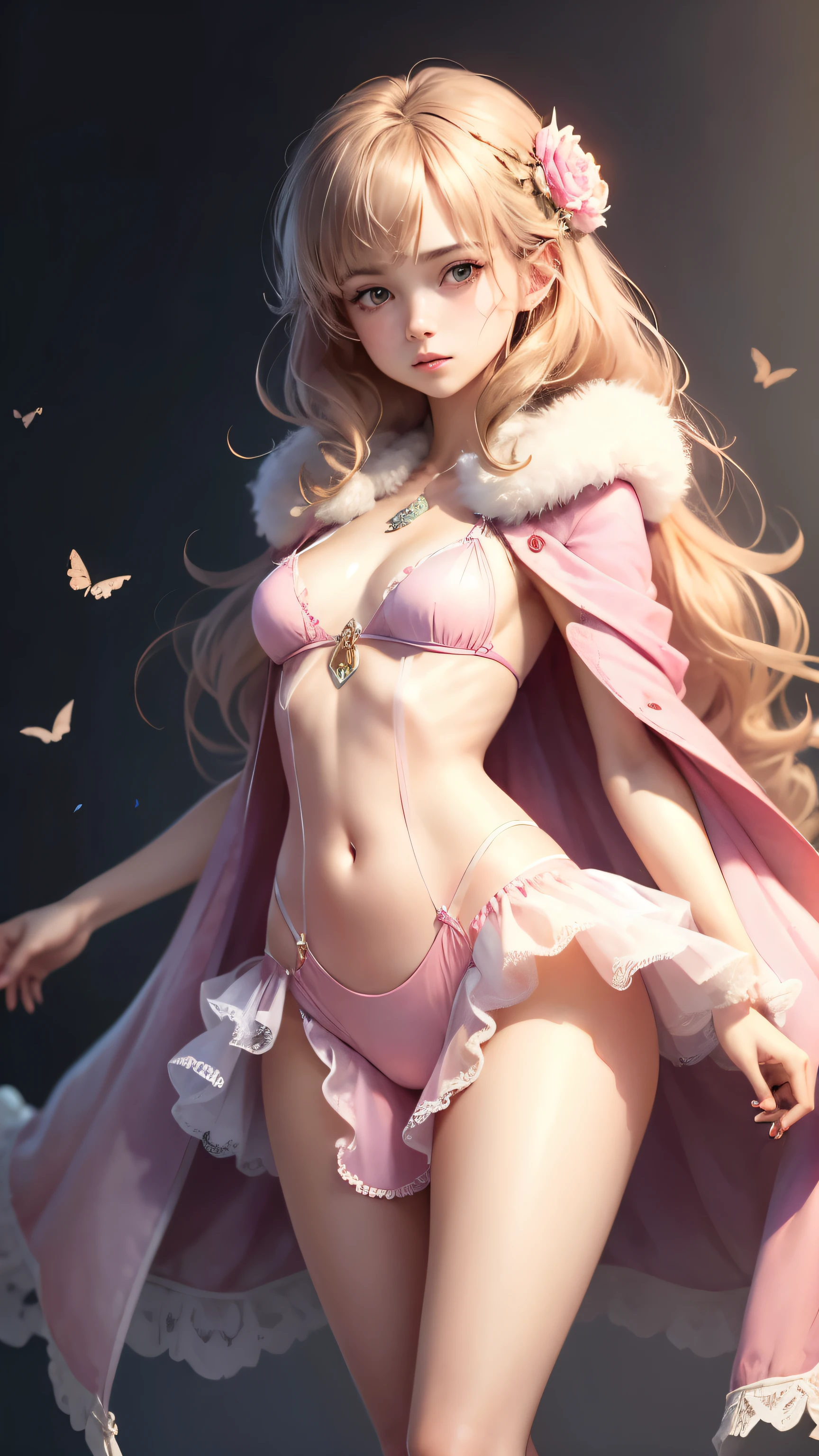 (Pieces fly),(highest quality:1.1),(Very detailed),Best illustrations,The finer details,(Portraits:1.1),(Watercolor)fluffy,1 female,alone,,Small breasts,Anorexic Thin Thighs,slim,(Very delicate and beautiful face),(Beautiful eyes in every detail),Pink thick lips,(Messy Hair),Soft and lazy,(Simple Background:1.2)Overall background color,Transparent parts,In 4K,Full Shot,Thin legs,Pink High Heels,See-through gown,Swimwear,The happi coat is open