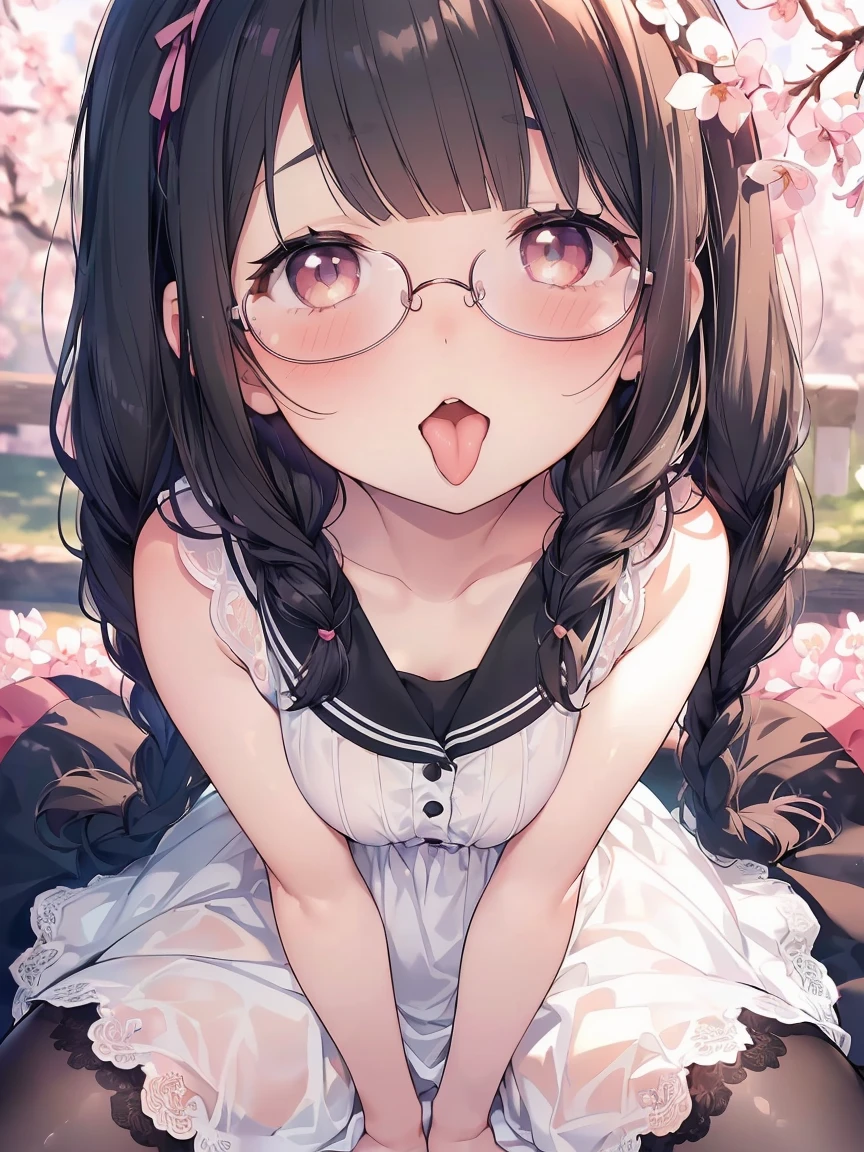 Very detailed, highest quality, High resolution, Moe Anime, ((A cute elementary school girl with black hair and droopy eyes)), ((Wearing large round glasses:1.4)), (Baby Face), Cute eyes, Detailed eye depiction, Sparkle in the eyes, View your viewers, Pale skin, (Big eyes:1.4, Droopy eyes:1.4, Fatty face:1.4), smile, Focus on the face, In the park with cherry blossoms falling, Sitting, (Extreme close up of tongue), (((From above))), Open your mouth, (((Face only:1.3))), ((white lace sleeveless dress)), Bright Eyes, Light from the front, (Put your hands between your legs:1.4), large and long tongue, Cleavage, Braided hairstyle, Pink ribbon