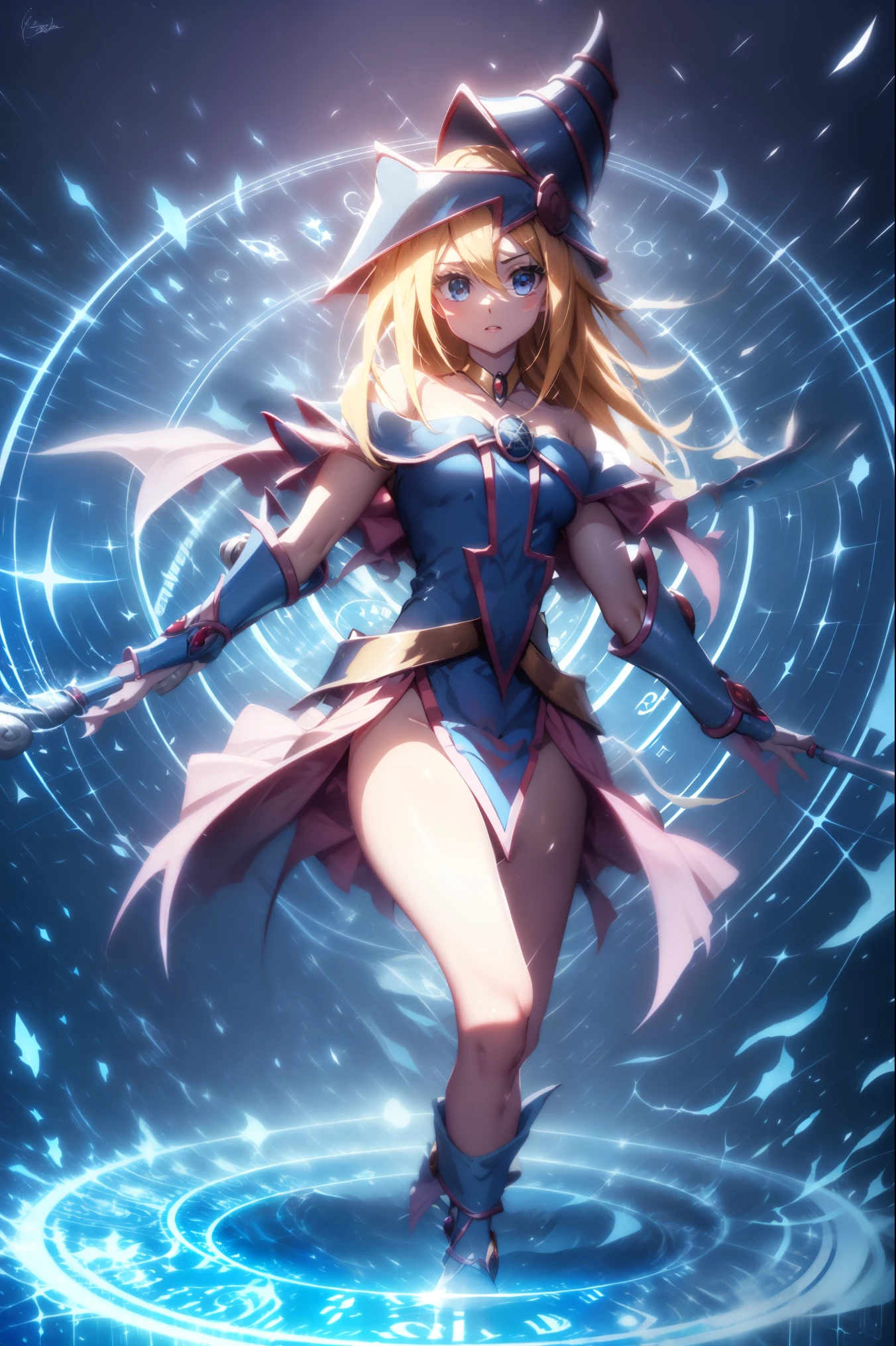 Dark Magician Gils. Cabello rubio. Ojos azules. Labios rojos. Leaving a magic circle. Magic de fondo