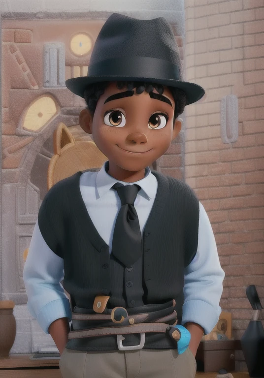 A dark-skinned boy in a black hat in Disney pixar style, alta qualidade, melhor qualidade