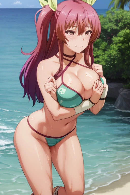 masterpiece, best quality, beautiful art, high resolution, well formed hands, body and fingers, 1 woman, solo, Stella Vermillion, grown up, adult, hair ribbon , big breasted, cleavage full body, gorgeous legs and thighs, wearing a Tyris Flare outfit, sexy and skimpy bikini, she is doing exercise, warming up, stretching her body, bouncing breasts, sexy and erotic training, working out, sweating, smiling joyfully and brightly, training montage session, beach environment