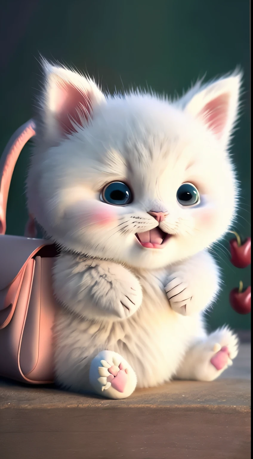 Kitten, realistic, furry animal, little ears, blush, cherry, funny, open mouth, laugh, Morandi color, right, kitten!!