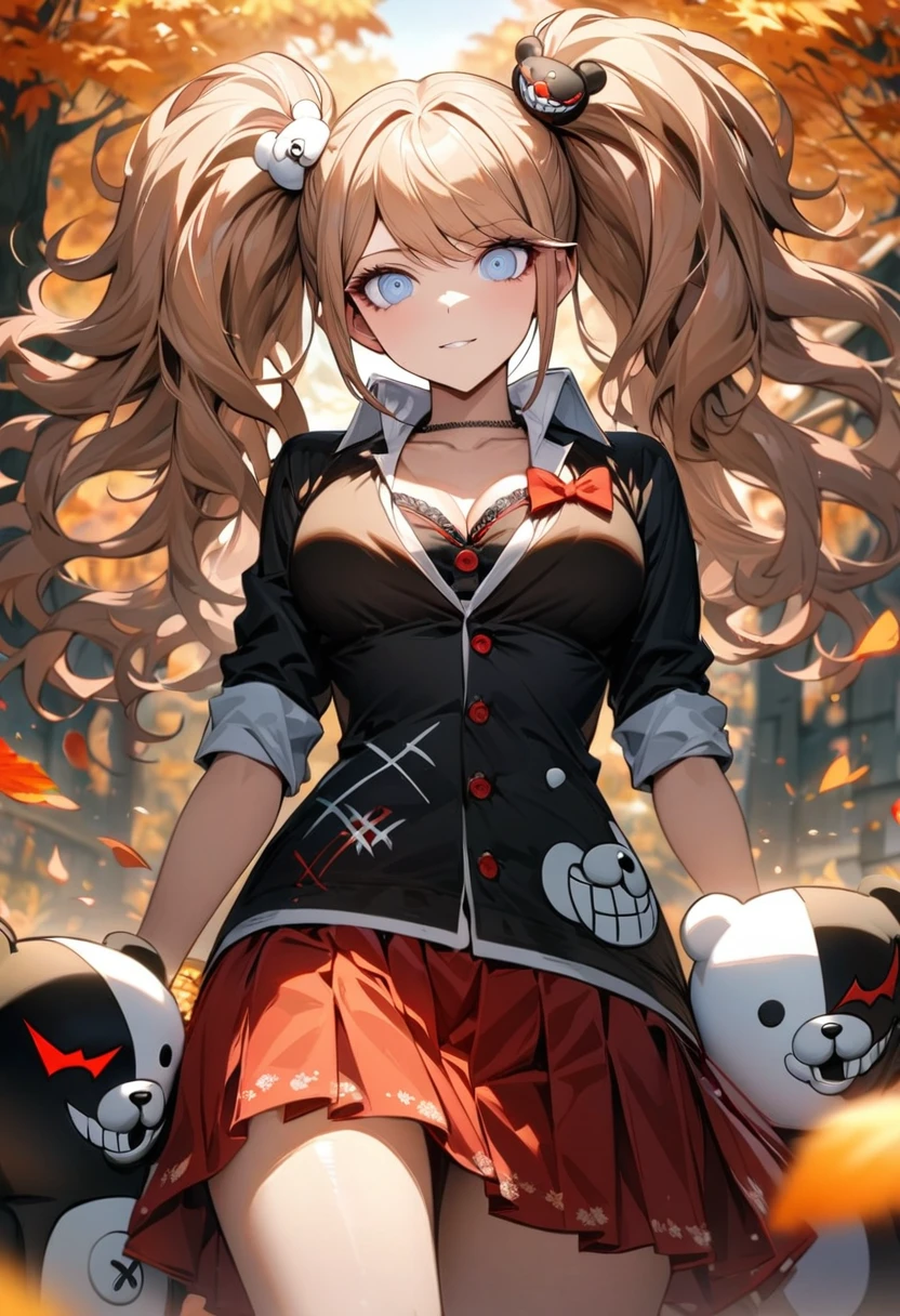 Ultra detailed, Highres, absurdres, HDR, Enoshima Junko, strawberry-blonde hair tied in two twin pigtails, expressive light blue eyes, black shirt, Danganronpa, autumn, petals, extremely beautiful, woman, solo, very detailed eyes and face, orange leaves, butterflies, master piece, best quality, red skirt, holding a plushie of Monokuma