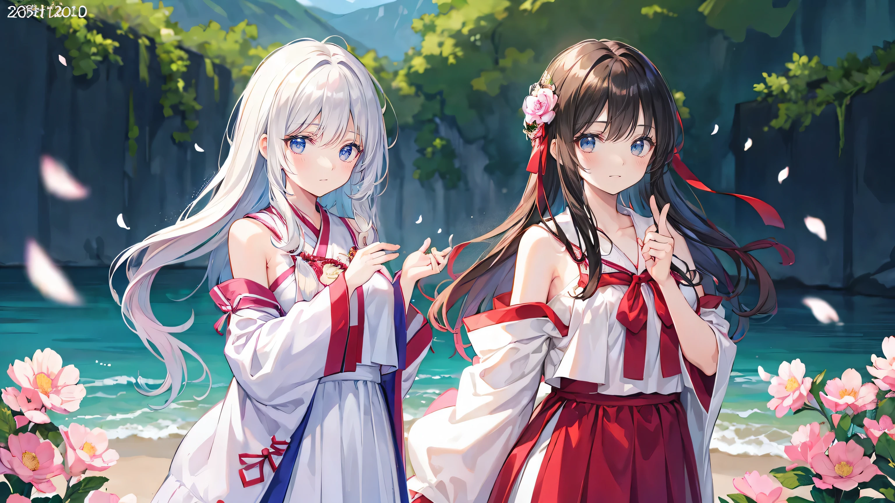 Normal of chest、masterpiece、8K wallpapers incorporating detailed CG、Two girls and two boys、、Baby Face、beautiful、smile、、Genuine、Blurred、Blurred_background、Blurred_prospect、branch、Plum offlower、depth_of_Field、flower、gem、nose、Realistic、pale black hair、alone、Shrine maiden costume、Hide your fingers、Hide your arms、Just put on a bra、whole body、Long Hair、Straight bangs、