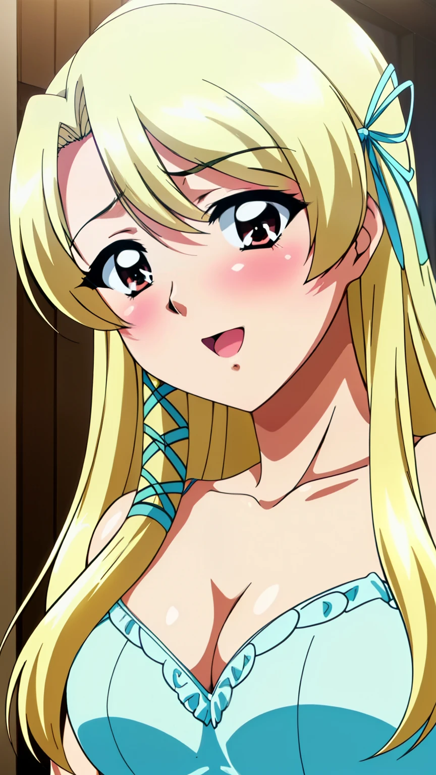 midori shouji,1 girl,Blonde,Long Hair, bangs, hair ribbon, green_eye,
(camisole,mini skirt,blush),20 years,young woman,beautiful Finger,beautiful long legs,beautiful body,beautiful Nose,beautiful character design, perfect eye, perfect face,Perfect balance,
View your audience, Anime art style,Upper Body,Dynamic Angle,Official Art,Perfect lighting,colorful, bright_front_face_Lighting,White skin, (highest quality, 8k, High resolution, masterpiece:1.2), High resolution, (Absurd:1.1), Kodak Portrait 400, Film Grain, Lens flare, (Vibrant_color:1.1),(beautiful_Large medium breasts:1.3), (beautiful_face:1.4),(narrow_Waist),