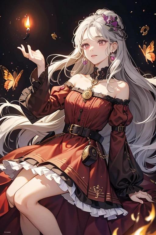 grey hair with streaks of black in it. She has brown eyes. She wears a long maroon/magenta dress with butterflies (symbolizing the moment the Encanto was created) and streaks embroidered on it and mountain designs at the bottom of he dress, orange teardrop-shaped circles on her collar, and flower-like symbols on certain parts of her clothing like ones that appear slightly above her elbows (which all represent the candle), a chatelaine belt with a key and two pocket watches, and black high heels. Alma also has small pearl earrings, which almost show a slight glint of her younger happier self. SPARKLE; GLITTER