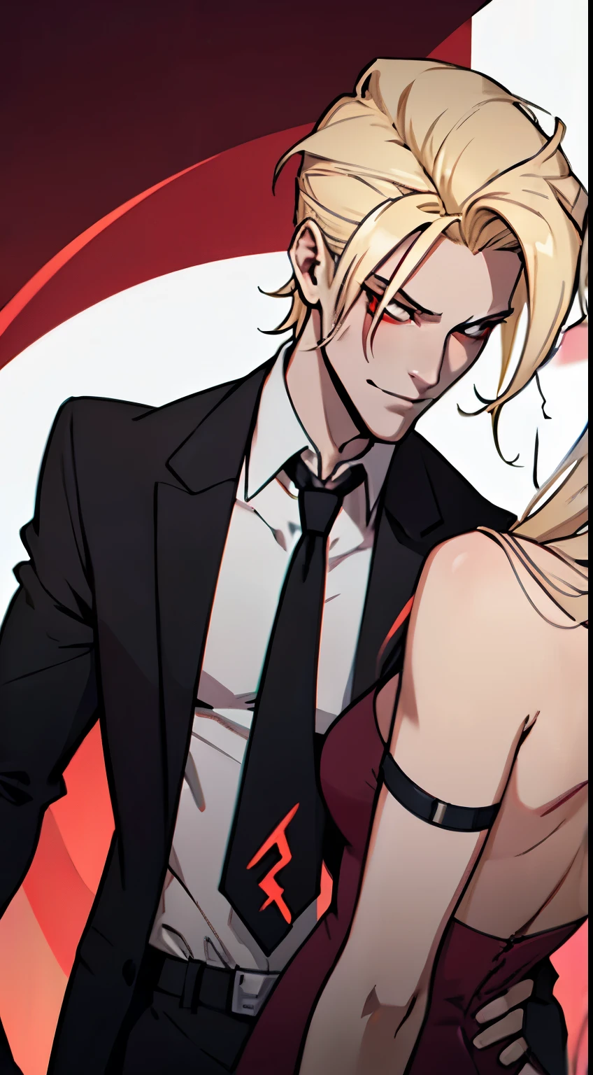 Hazbin Hotel Male Lilith, demon, tall, blonde, black suit, necktie, handsome, 1male, 1guy