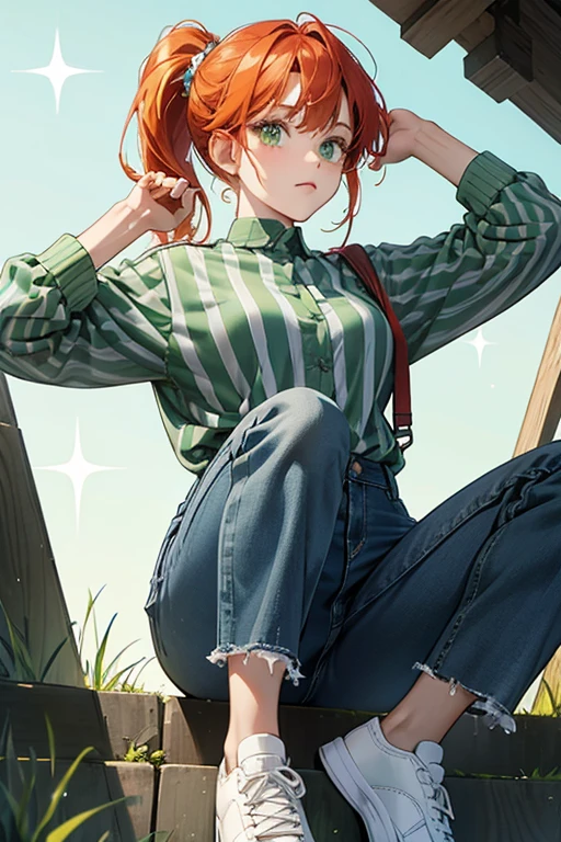 with green eyes and reddish-orange hair with a fringe, a ponytail, and a blue hair band around it. She wears an olive green shirt with a blue collar, three horizontal stripes that extended around the shirt, from front to back, on top of one another in colors that are in order of blue-white-blue, jeans, and red, and white sneakers. SPARKLE; GLITTER