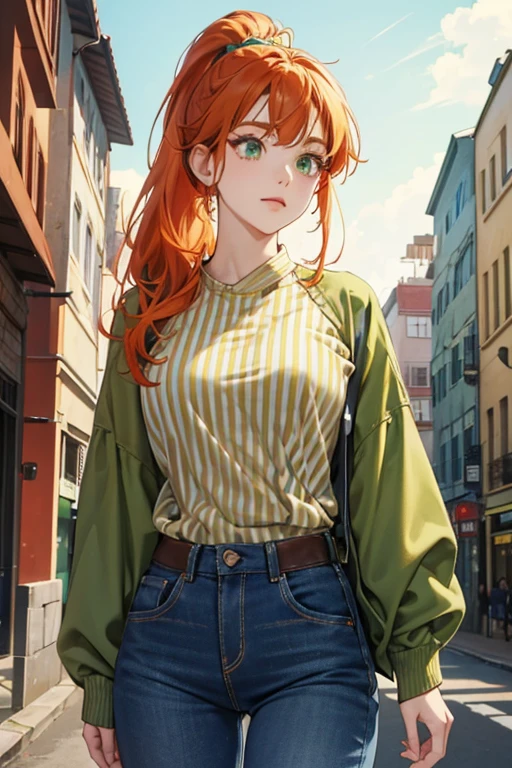 with green eyes and reddish-orange hair with a fringe, a ponytail, and a blue hair band around it. She wears an olive green shirt with a blue collar, three horizontal stripes that extended around the shirt, from front to back, on top of one another in colors that are in order of blue-white-blue, jeans, and red, and white sneakers. SPARKLE; GLITTER