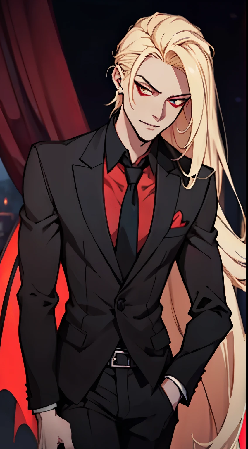 Hazbin Hotel Male Lilith, demon, tall, blonde, black suit, necktie, handsome, 1male, 1guy