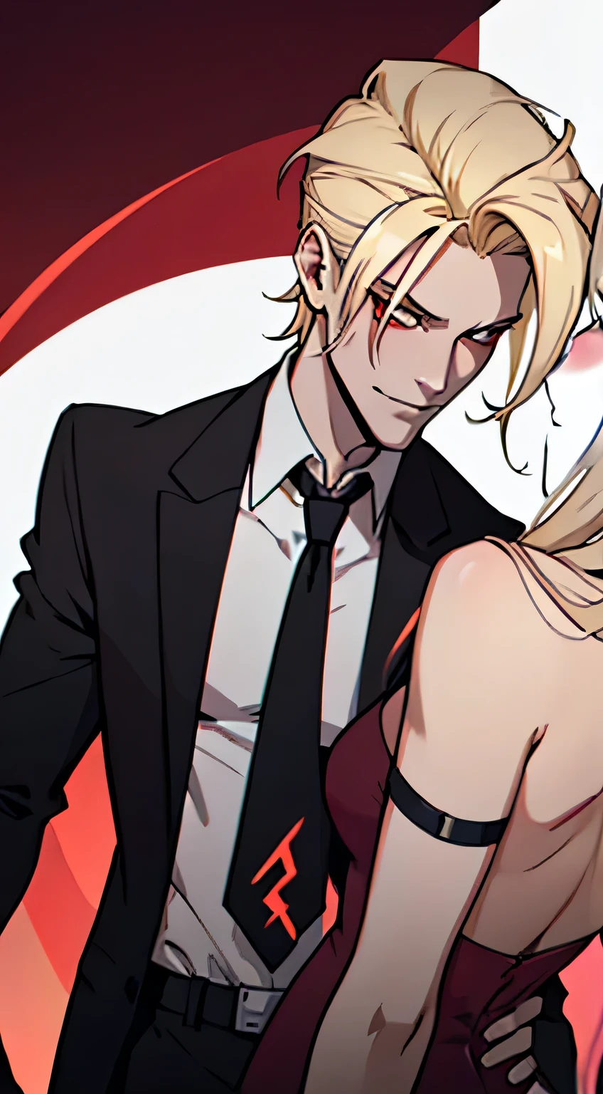 Hazbin Hotel Male Lilith, demon, tall, blonde, black suit, necktie, handsome, 1male, 1guy