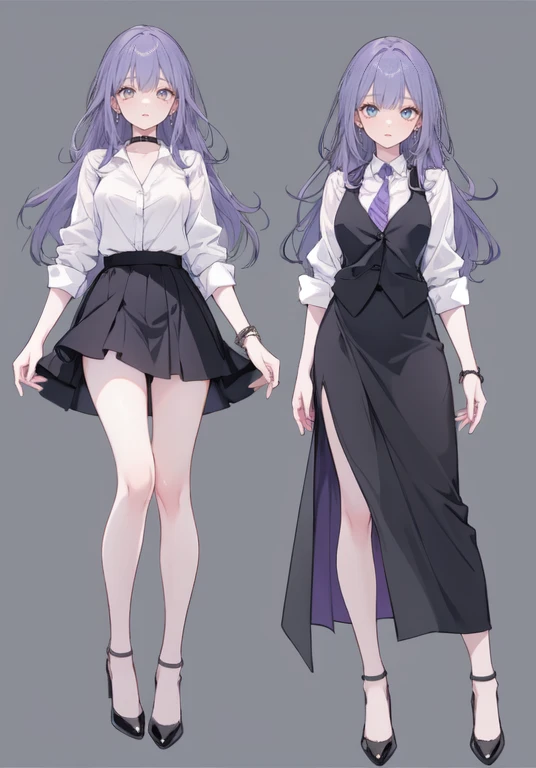 ((Perfect Face)),Purple Hair,voluminous long hair,Adult female,bartender,suit,Black vest,((A shirt with rolled up sleeves)),tie,skirt,slit,High heels,,((Simple Background)),smile,((Full Body)),((full body)),Character portrait,virtual,upright,,Both arms are down,Standing upright,
