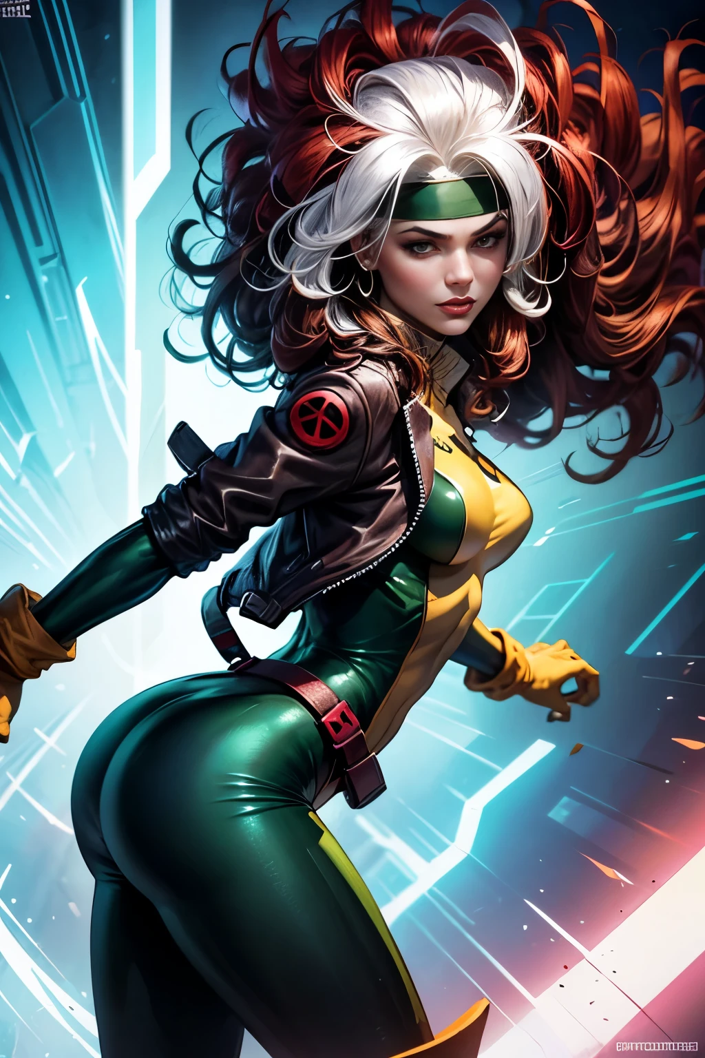 Create a semi-realistic, anime-inspired portrait of Rogue from the X-Men. Rogue is a strong and confident mutant with striking features. She has long, flowing auburn hair with a white streak, which is a prominent characteristic. Her eyes are intense and green, reflecting her determination and inner strength. She wears her iconic green and yellow bodysuit, which hugs her figure, showcasing her athletic build. Rogue's expression is serious yet captivating, conveying her complexity as a character. Ensure the portrait captures her essence as a powerful and enigmatic mutant while infusing it with the vibrant style of anime artwork, laughing, ass, sexy