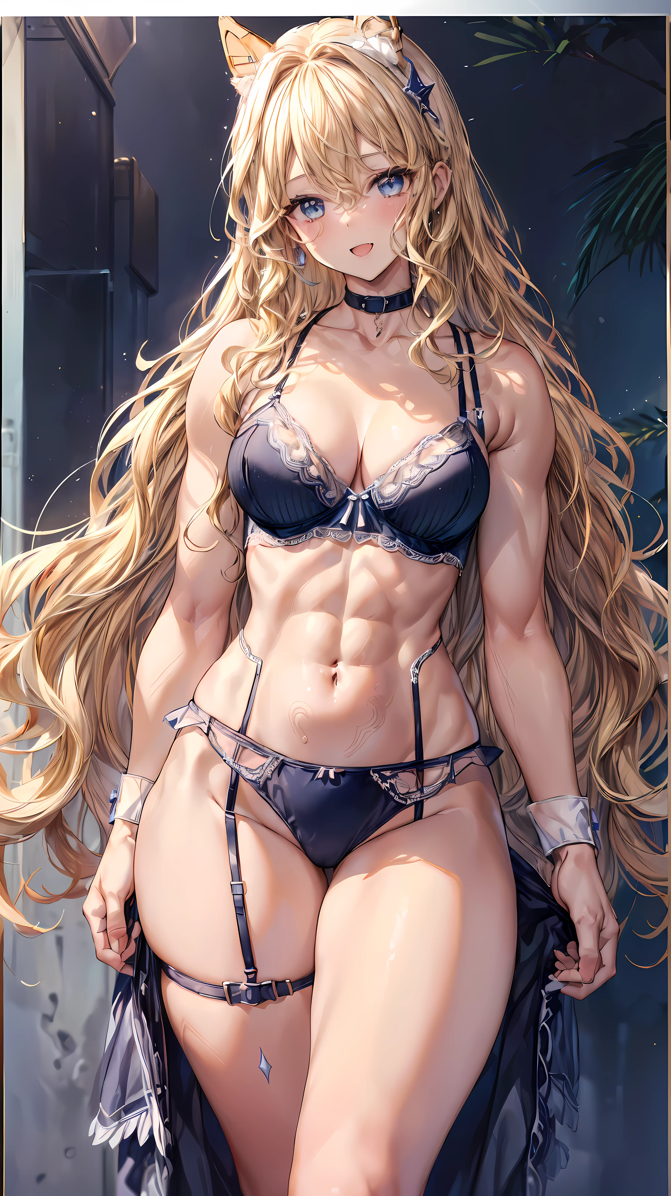 (Adult women:1.5)、Very detailed、highest quality、Best image quality、masterpiece、8k、Anime Face、A kind smile、(Open your mouth:1.3)、Sparkling blue eyes、(Blonde Wavy Hair:1.5)、、Muscles of the whole body、(High leg:1.5)、Thigh belt、(Wearing lingerie:1.5)、(Cowboy Shot:1.5)、SFW Giant
