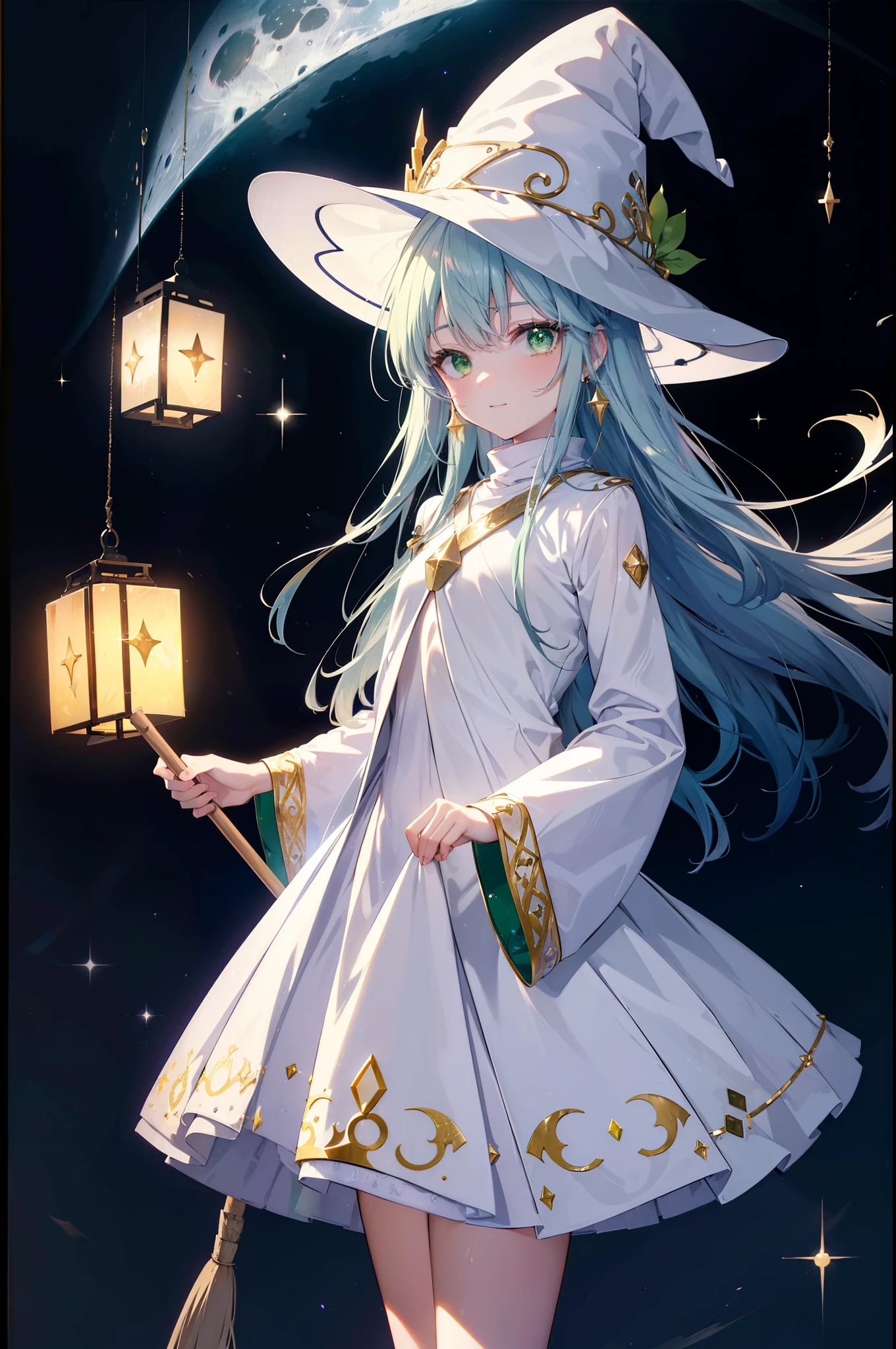 index, index, (Green Eyes:1.5), Silver Hair, Long Hair, (Flat Chest:1.2),happy smile, smile, Open your mouth,(colorful glowing lantern),((A night sky filled with colorful and cute creatures)),((Big full moon)),((Sparkling and colorful stars)),((Idol style costume with soft volume)),((gorgeous wizard hat)),((witch)),(magic wand with a jewel on the tip),smile,Kamimei,((Side shape)),((Fly through the sky on a magic broom)),
break looking at viewer, whole body,(Cowboy Shot:1. 5) break ourdoors,forest,forest林,moonlight,
break (masterpiece:1.2), highest quality, High resolution, unity 8k wallpaper, (figure:0.8), (Beautiful fine details:1.6), Highly detailed face, Perfect lighting, Highly detailed CG, (Perfect hands, Perfect Anatomy),