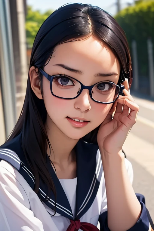 (masterpiece, highest quality), One Girl, Satou, Satou, Glasses, 赤いフレームのGlasses, Navy blue sailor suit, Satou, Glasses, 赤いフレームのGlasses,