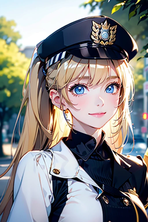 Portrait、、Bright expression、ponytail、Young, shiny, white, glossy skin、Gloss Face、Shining Cheek Gloss、Small Face Beauty、The best beauty、The dazzling light of blonde hair、Bright blonde hair with dazzling highlights、Very beautiful shiny light blonde hair、super long silky straight hair、Her shiny, beautiful bangs are covering her eyes.、Sparkling, clear, attractive, bright, large, pale blue eyes、Very big eyes、eyeliner、very beautiful lovely cute 16 year old girl、Ample Bust, full body , smile , (((police costume ))) , 