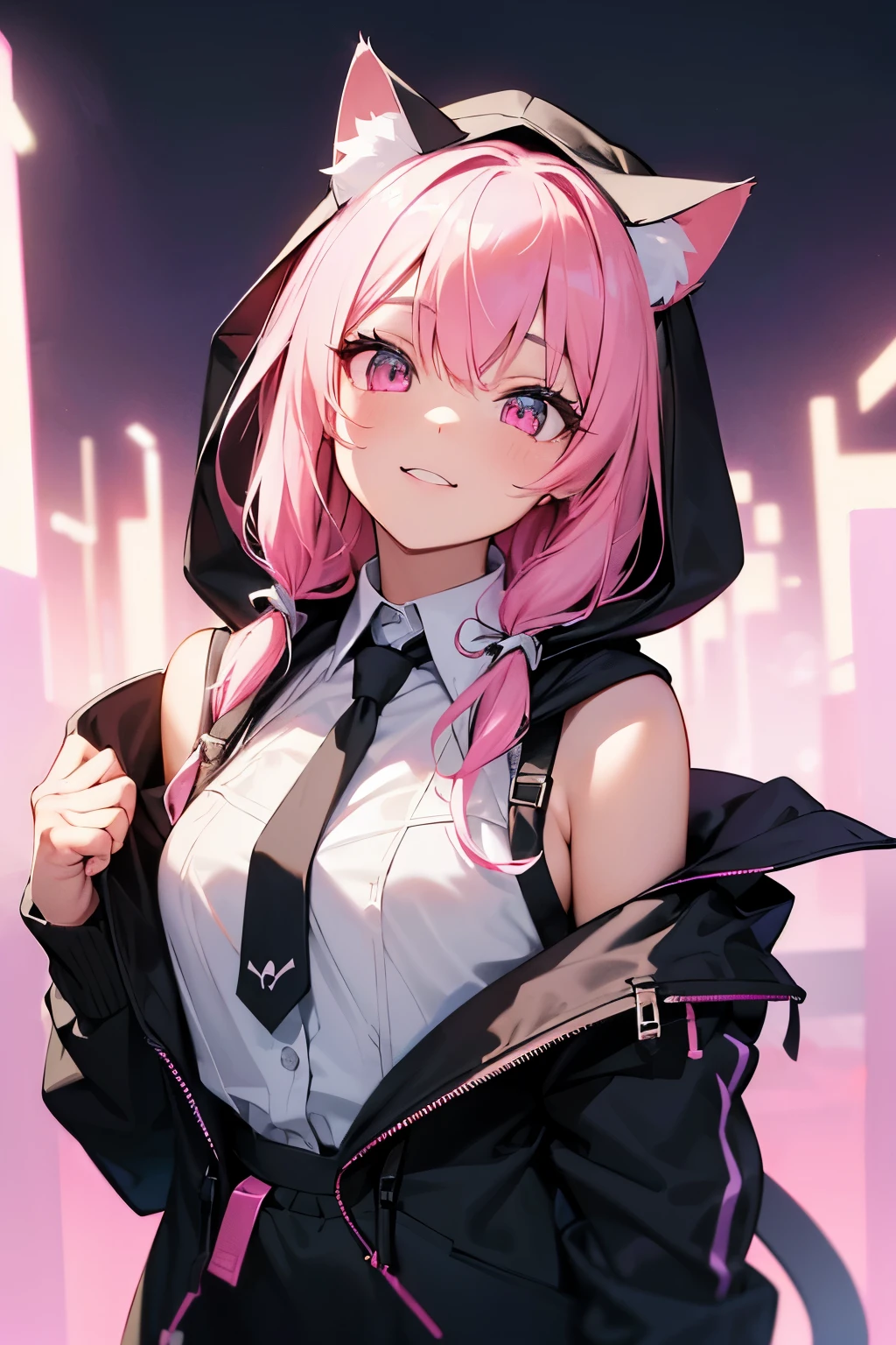 ((最high quality)), ((masterpiece)), (Very detailed:1.3),1 girl,20th Generation ,超High resolution, retina, masterpiece, Accurate, Anatomically correct, Rough skin, Very detailed, Advanced Details, high quality, Awards, high quality, High resolution, High resolution, 4K,(anime,8k,masterpiece, high quality, high quality,beautifully、beautiful:1.2,Professional Illustration:1.1,Very detailed:1.3,Perfect lighting),Cute pose,Pink eyes,Pink Hair,Long Hair,(At night:1.5), (Neon Gradient:1.5)),(background image,Gothic hi-tech futuristic city design with neon background),(White Prairie Blouse:1.5),(Landmine fashion),黒い色のtie,(Black hoodie),(Hoodie with cat ear hood:1.5),(Put on the hood:1.7),(Open clothes:1.5),ヤンデレCute pose,White shirt from the front, Collared shirt,Layering clothes,tie, Short skirt, Black Skirt,(Looking up:1.5),(Shoulder:1.6),Smile