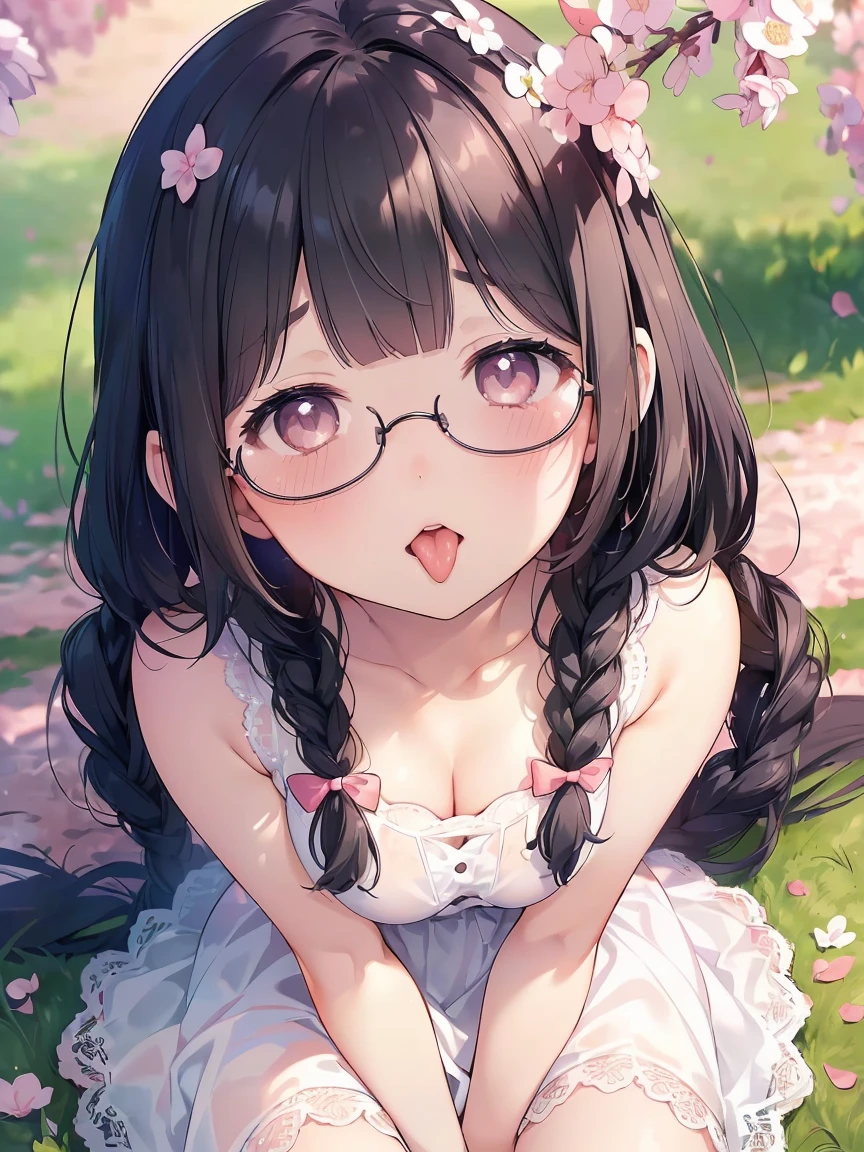 Very detailed, highest quality, High resolution, Moe Anime, ((A cute elementary school girl with black hair and droopy eyes)), ((Wearing large round glasses:1.4)), (Baby Face), Cute eyes, Detailed eye depiction, Sparkle in the eyes, View your viewers, Pale skin, (Big eyes:1.4, Droopy eyes:1.4, Fatty face:1.4), smile, Focus on the face, In the park with cherry blossoms falling, Sitting, (Extreme close up of tongue), (((From above))), Open your mouth, (((Face only:1.3))), ((white lace sleeveless dress)), Bright Eyes, Light from the front, (Put your hands between your legs:1.4), large and long tongue, Cleavage, Braided hairstyle, Pink ribbon