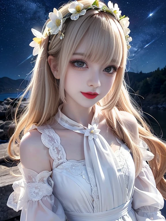 RAW Photos, 8k, (highest quality), Realistic, (live-action, Intricate details), (Natural skin texture, Detailed skin, Hyperrealism, Sharpness), 夜空高くStarry Skyの下で踊る日本の十代の少女, (White flower, White flowerびら:1.2, On the mysterious hill where White flower bloom, Jump High), ((White Dress, See-through dress, White flowerの髪飾り, Flower Crown, Looking into the distance)), (Pale skin:1.2), Slender body, ((Light blonde hair:1.3,Hair Bun, Blunt bangs)), (Lips parted:1.3, eye shadow, Eyeliner, Tear bags:1.2, Red lips, Dark circles under the eyes, smile), at night, Starry Sky, Full Body Shot