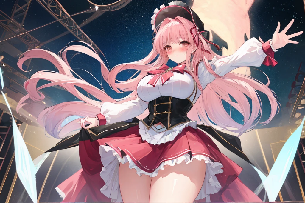 Two big woman,Beautiful woman,Magical girl,(Double),Western Fantasy,ta skirt,Smooth underbust,Exquisite,Hip tattoo,Slender long legs,(Blush:1.2),stage,Dance,