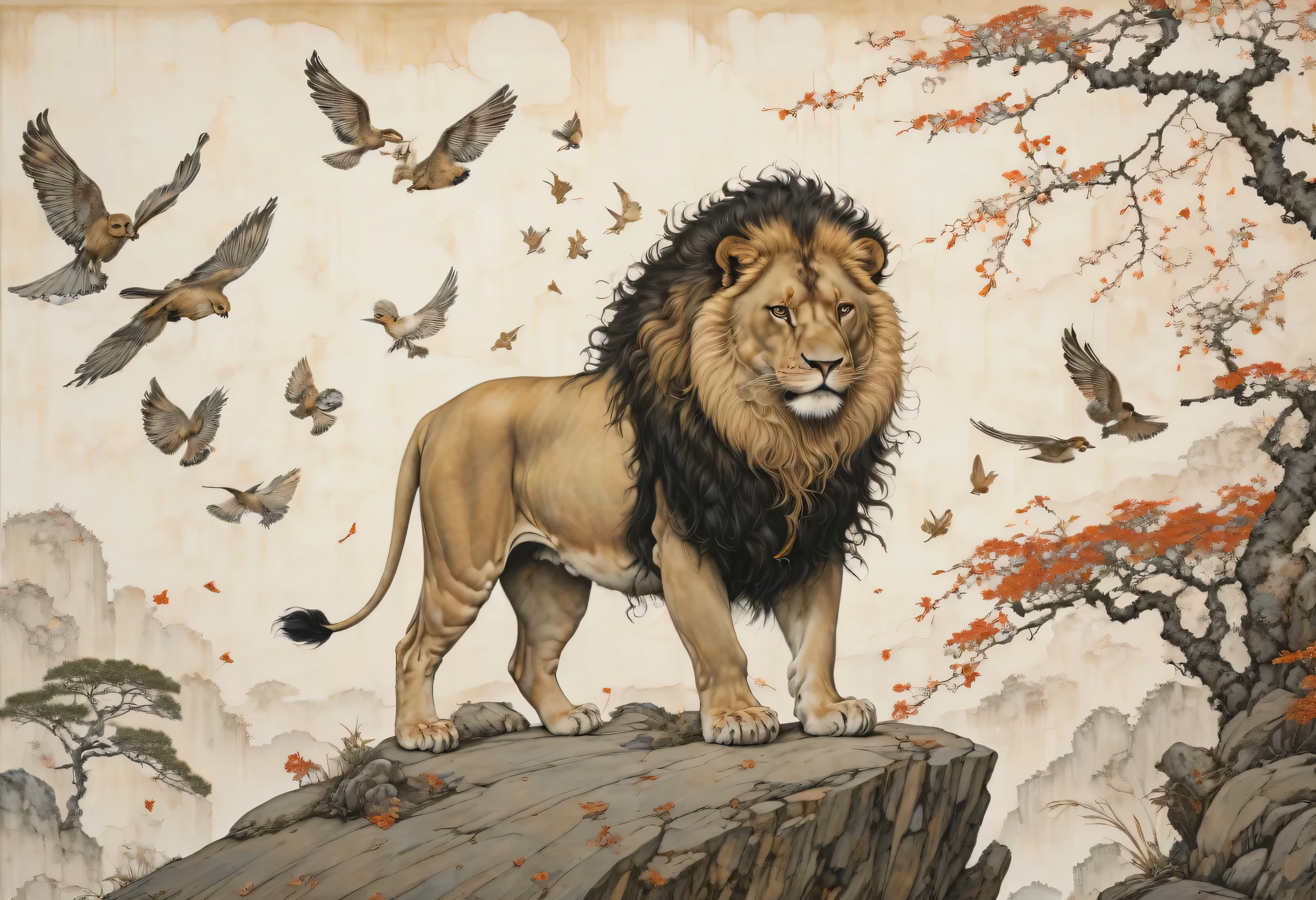 Image of a lion standing on a rock and arabic numerals of birds flying around, by Takato Yamamoto, (highest quality, masterpiece, Representative works, Official Art, Professional, Super intricate details, 8k)