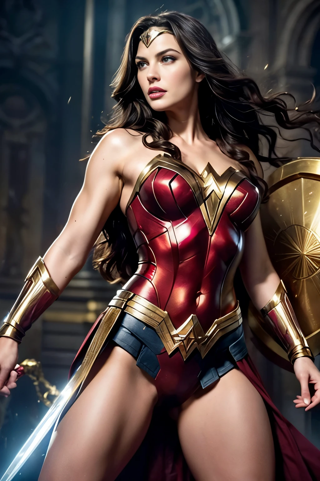 (best quality,realistic:1.2),Liv Tyler in Wonder Woman costume,stunning,hyper-realistic,detailed eyes,luscious lips,dark flowing hair,muscular physique,fierce expression,glowing golden tiara,bright red and gold armor,shield and sword,powerful stance,heroic background,studio lighting,vibrant colors,sharp focus