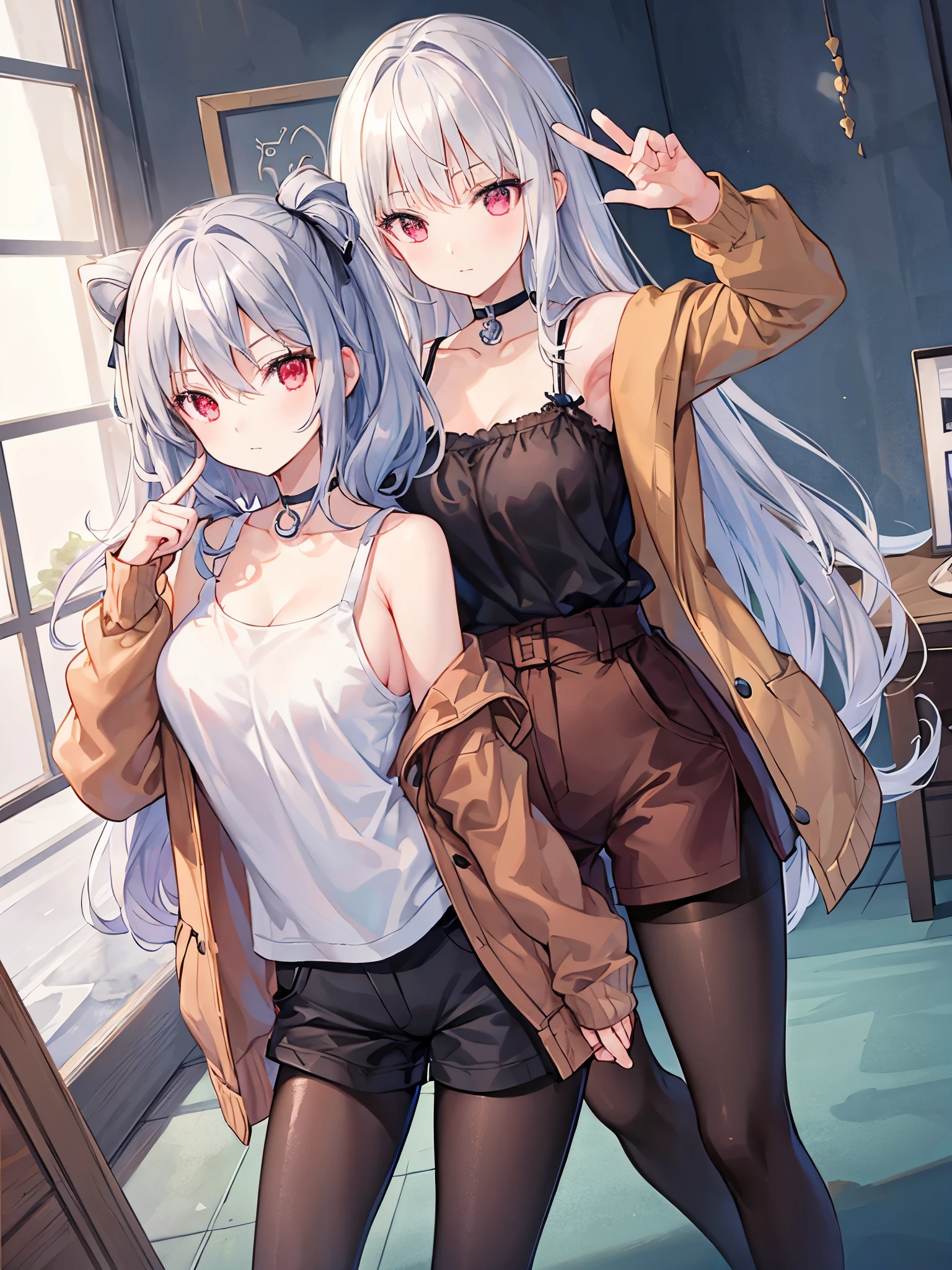 masterpiece, Highest quality, beautiful, high resolution, perfect anatomy, Beautiful gray hair、Beautiful red eyes、Longhaire、Tank tops、shortpants、a choker、 pantyhose, brown jacket, selfie style、selfee、piece、piece sign、 8K、a beauty girl、 Nice、 Beautiful hair、 Beautiful eyes、 Beautiful skin、Beautiful legs、Beautiful arms、Perfect fingers、 Very cute、 Very kawaii、