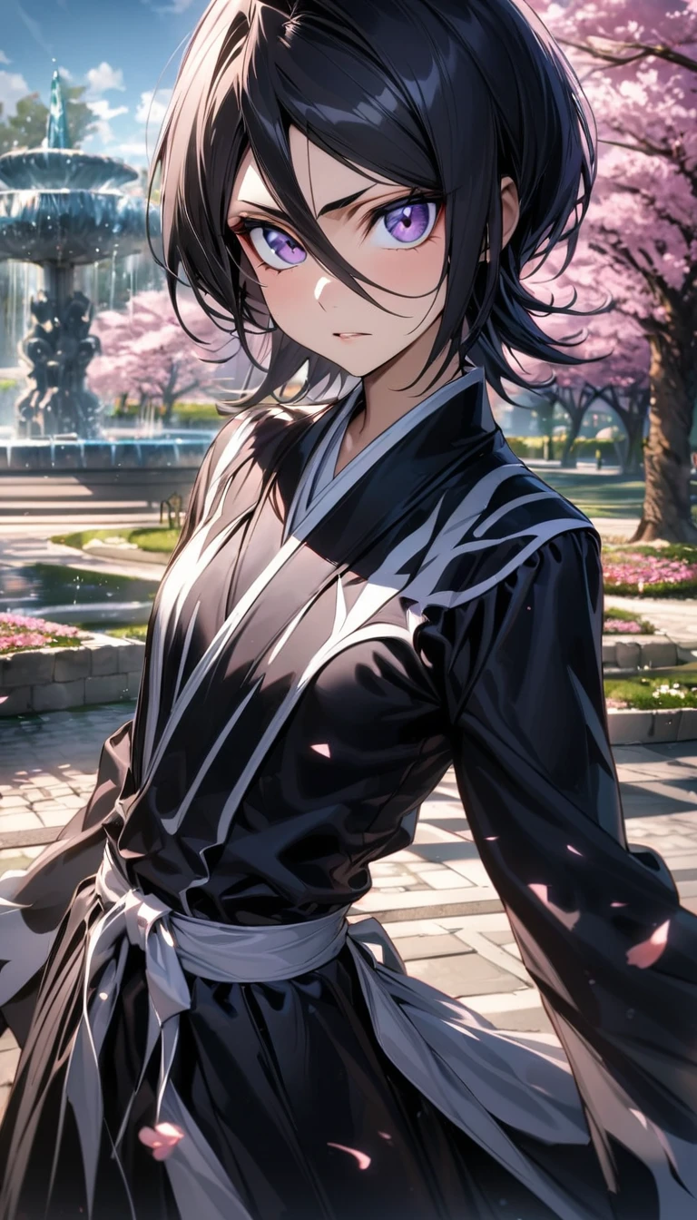 absurdres, highres, ultra detailed, HDR, master piece, best quality, extremely detailed face and eyes, Kuchiki Rukia, black hair, short hair, expressive purple eyes, Bleach, solo, girl, extremely beautiful, black shinigami clothes, pink flowers, park, cherry blossom, fountain