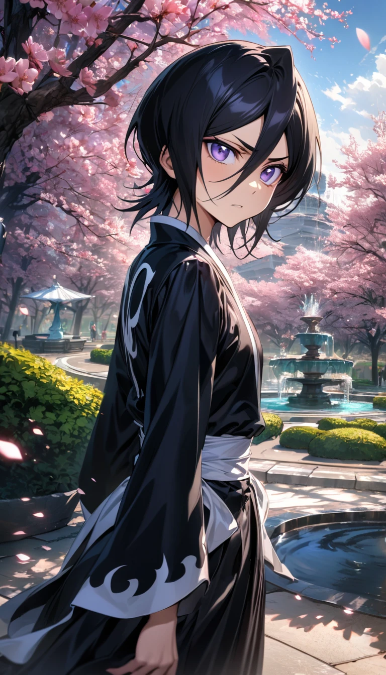 absurdres, highres, ultra detailed, HDR, master piece, best quality, extremely detailed face and eyes, Kuchiki Rukia, black hair, short hair, expressive purple eyes, Bleach, solo, girl, extremely beautiful, black shinigami clothes, pink flowers, park, cherry blossom, fountain