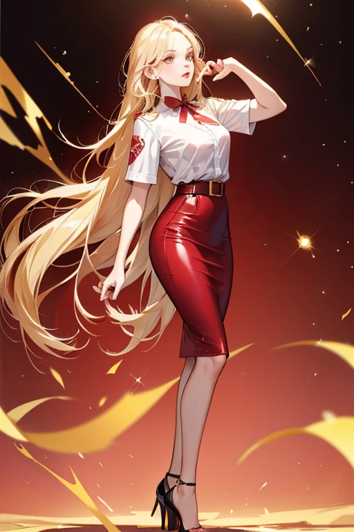 slender with fair skin, pink lips, hazel eyes, and long blonde hair that falls over her left shoulder. Her standard outfit consists of a red short-sleeved shirt, darker red pencil skirt, black belt with a gold-colored buckle, and black high heels. SPARKLE; GLITTER