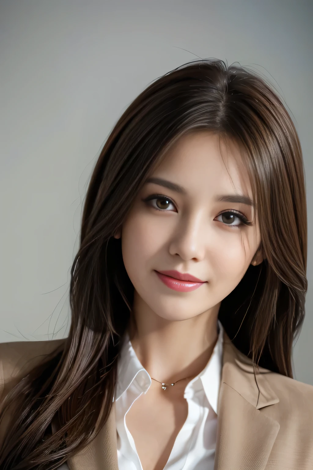 Tabletop, highest quality, Realistic, Very detailed, finely, High resolution, 8k wallpaper, One beautiful woman,, Light brown messy hair, Wear a business suit, Sharp focus, Perfect dynamic composition, Beautiful and beautiful eyes, Thin Hair, Detailed Realistic skin texture, smile, Close-up portrait, Model Body Type