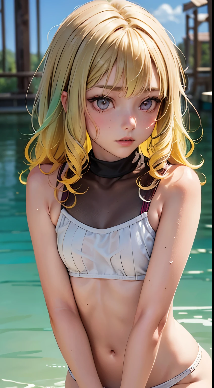 One woman, alone, alone Focus, Cowboy Shot, Portraiture,, Beaver,Half water color, Half Green, ((Brown Hair)), (Yellow Hair), (Gradient Hair :1.5), Curly Hair, ((Pink Eyes)), Ultra-detailed eyes, work, White knit, (Small TI quality, Very detailed,Swimwear,