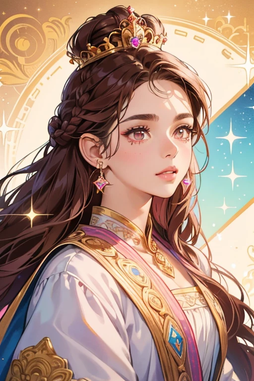 Amaya is a tan-skinned woman with hazel eyes, rosy cheeks, pink lips, and long dark brown hair, tied in a long braid and matching braided side buns, decorated with blue gems. She has a beauty mark on the right side of her face near her lips. She sports a cream and blue robe encrusted with gems and a golden crown. SPARKLE; GLITTER