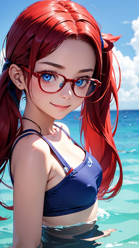 highest quality、Realistic、woman、Japanese、zoom、cute、Ocean、Cobalt blue eyes、Red Hair、Long twin tails、Swimwear、Face close-up、thin、Small breasts、smile、Glasses