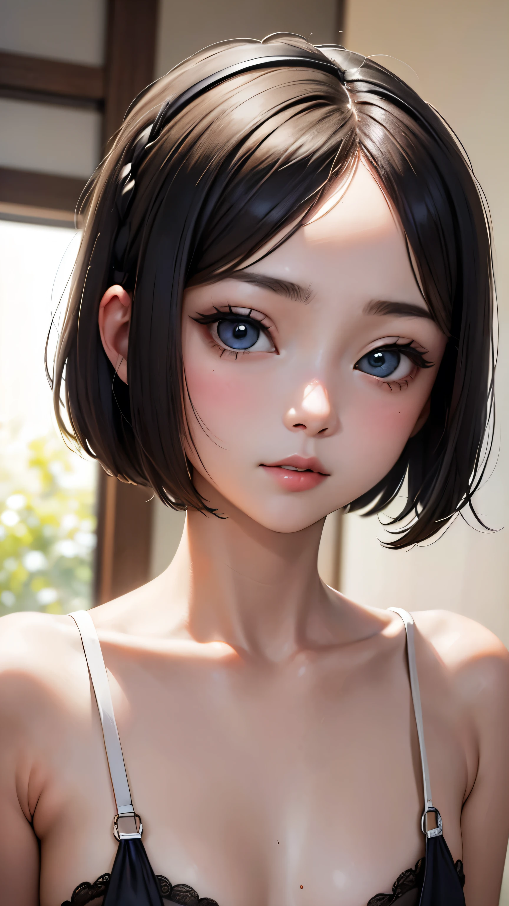 short hairと白のシャツ, short hair, Short hair with bangs, Woman with pretty face, Cute little face in a portrait, French Bob, White skin!!, Short brown hair and big eyes, Soft Portrait Shot 8k, Beautiful light、Big eyes, Beautiful girl, Young girl with bob cut, Best image quality, Tabletop, Leonardo da Vinci's Notebooks Da Vinci, Leonardo da Vinci's manuscript in the background,Swimwear,