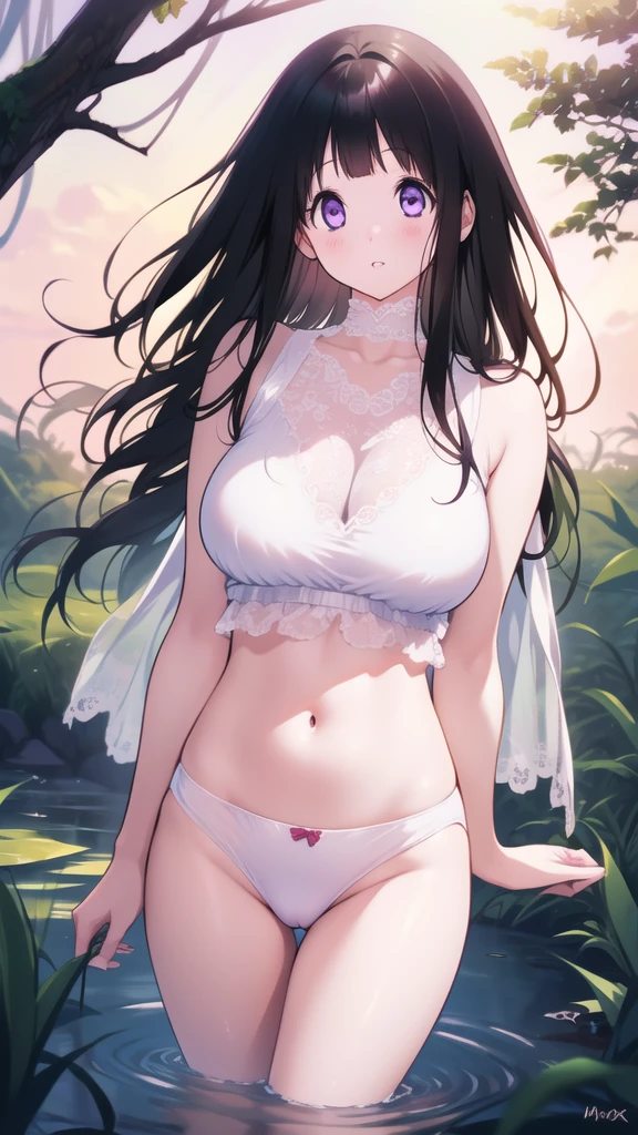 Amazing Chitanda, There is only one beautiful girl,Purple Eyes, Black Hair, Very red face,Very white skin,Glowing skin,Naturally straight hair, Straight bangs,Extremely refined,Open lips,Long flowing hair,Beautiful Girl, Like a dream,Slim,Slim waist,Soft, (Sensual), (Kawaii), Dream quality,Beautiful big breasts,In the swamp,White pajamas,Loose collar,Stuck in the mud,Breasts being sucked,The skirt is blown by the wind,Transparent clothes,no pants,Showing breasts,Show your thighs,Showing collarbone,Show your neck,Exposing the groin,Show your belly button,No pants,extremely shy,Ultra-high resolution, (masterpiece:1.2, best quality), (Delicate and beautiful eyes: 1.2), (Beautiful and delicate face)