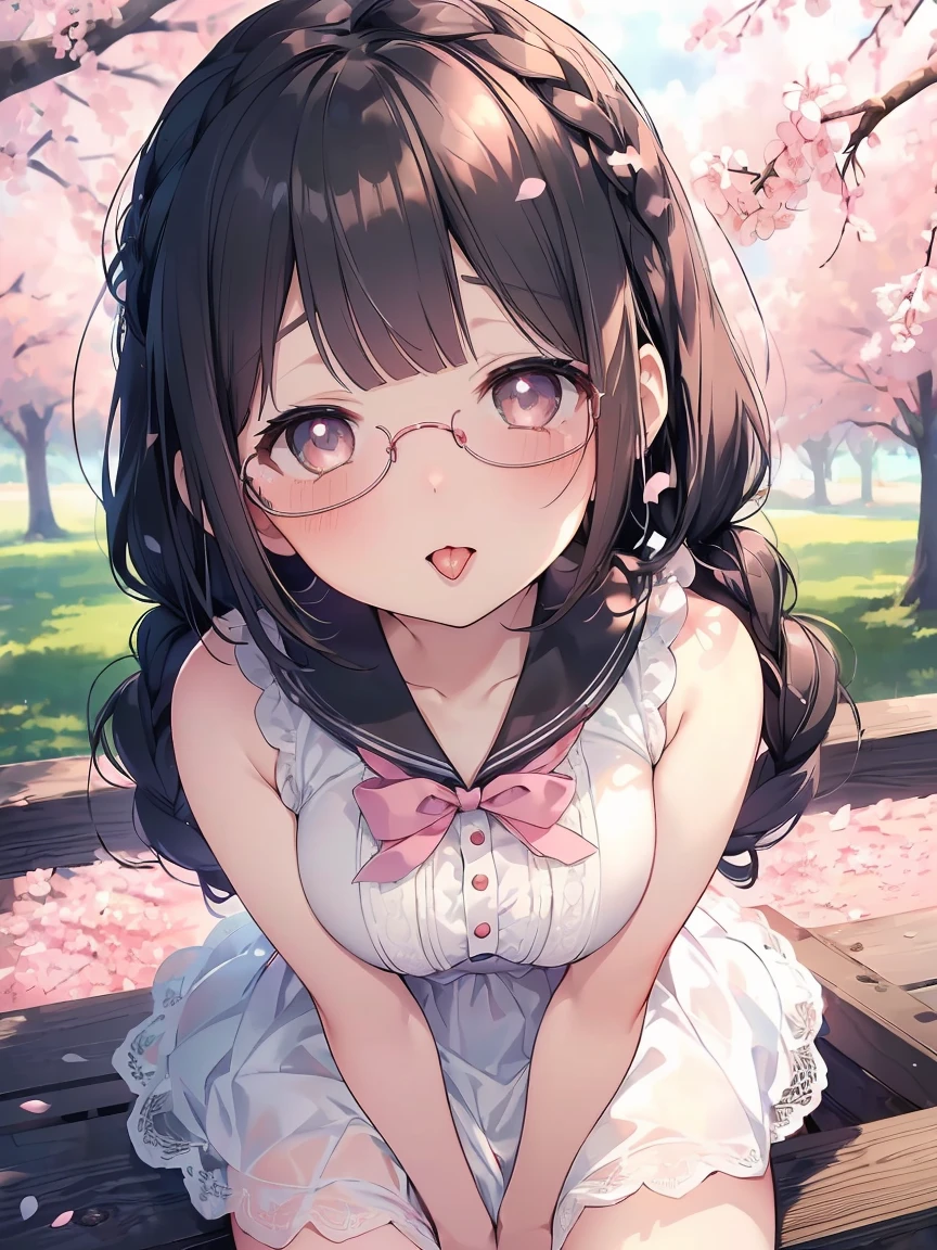 Very detailed, highest quality, High resolution, Moe Anime, ((A cute elementary school girl with black hair and droopy eyes)), ((Wearing large round glasses:1.4)), (Baby Face), Cute eyes, Detailed eye depiction, Sparkle in the eyes, View your viewers, Pale skin, (Big eyes:1.4, Droopy eyes:1.4, Fatty face:1.4), smile, Focus on the face, In the park with cherry blossoms falling, Sitting, (Extreme close up of tongue), (((From above))), Open your mouth, (((Face only:1.3))), ((white lace sleeveless dress)), Bright Eyes, Light from the front, (Put your hands between your legs:1.4), large and long tongue, Cleavage, Braided hairstyle, Pink ribbon