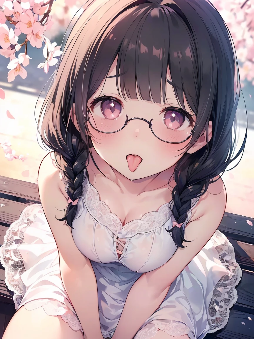 Very detailed, highest quality, High resolution, Moe Anime, ((A cute elementary school girl with black hair and droopy eyes)), ((Wearing large round glasses:1.4)), (Baby Face), Cute eyes, Detailed eye depiction, Sparkle in the eyes, View your viewers, Pale skin, (Big eyes:1.4, Droopy eyes:1.4, Fatty face:1.4), smile, Focus on the face, In the park with cherry blossoms falling, Sitting, (Extreme close up of tongue), (((From above))), Open your mouth, (((Face only:1.3))), ((white lace sleeveless dress)), Bright Eyes, Light from the front, (Put your hands between your legs:1.4), large and long tongue, Cleavage, Braided hairstyle, Pink ribbon