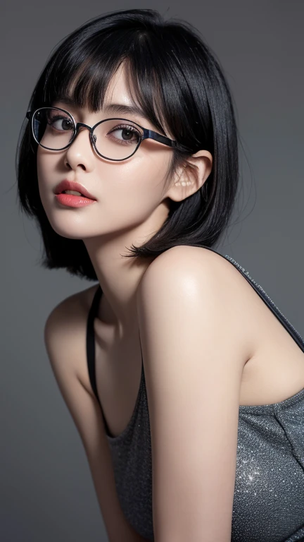 Highest quality，26 years old，woman，blunt bangs，Black Hair，Straight short hair style，Glasses with silver frames，With big eyes、Deep blue，Bright、Has a lively expression，Healthy and bright skin tone，Small mouth，Thick lips，The thighs are a little thicker，Looking at the camera，Cinema Lighting，Face enlargement