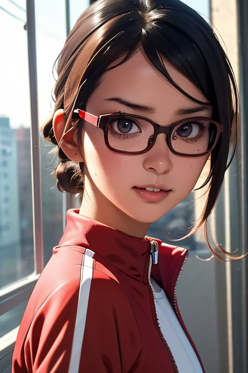 (masterpiece, highest quality), One Girl, Satou, Satou, Glasses, 赤いフレームのGlasses, Under-rim eyewear, Satou, Glasses, 赤いフレームのGlasses, Under-rim eyewear, Track jacket, Track pants