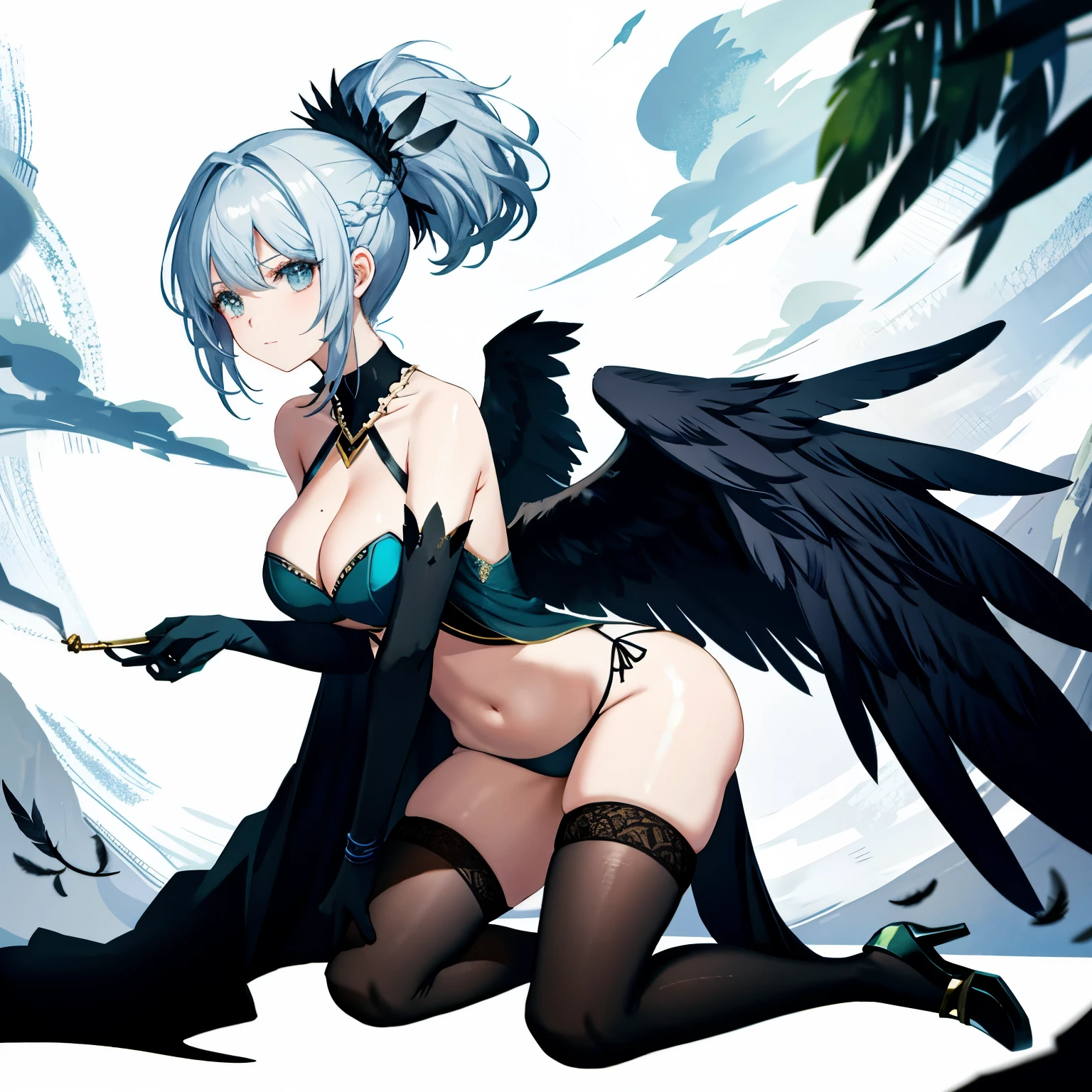 Theme: The theme of the image is already dark and mysterious, with an emphasis on black wings and feathers. BRAKE
Wing Presence and Details: Large, detailed black wings extend from the character's back, giving the appearance of a ruffled feathered appearance. BRAKE
Presence and details of tobacco (pipe, kissel): Smoking cigarettes, pipes, pipes BRAKE
Emotions and Movement: The character is kneeling surrounded by black feathers. BRAKE
Worldview: The image suggests a fantasy or mythological setting due to the presence of wings on a human-like character. Additionally, a worldview that is a ``fusion of anime and manga'' is required. BRAKE
Lighting: The light source is not well defined, but there is uniform illumination throughout. Additional lighting elements are not specified. BRAKE
Hairstyle and Color: The character has long gray hair. Additionally, we are looking for a hairstyle with one of the following options: long hair, ponytail, twintails, bob cut, long braids, and an arrangement of the remaining three. In addition, the main hair color is gold, and you are required to choose one from blue and green, and add a slight gradation of the other two. BRAKE
Props (from weapons to everyday items):
Additional information (other):
Perspective and Composition: The viewpoint is at eye level and the character is placed in the center of the drawing. Additional viewpoints and compositional elements are not specified.
Background and background color details: The background is minimalistic and white, allowing dark figures to stand out. BRAKE
Must-have color: Gold is in demand.
Number of characters: One female devil BRAKE
Body type and skin color: round body shape, (between breasts)ion of nipging breastsits, bare shouldeasts, caustics, collarbones, huges, sagging breasts, moles, skin depre stomach, thighs,ith, BRAKE
Costume and Costume Color: Character wears dark clothing with red accents. BRAKE
Style: The images are d