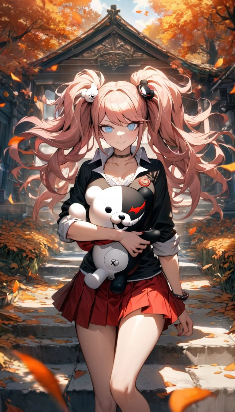 Ultra detailed, Highres, absurdres, HDR, Enoshima Junko, strawberry-pink blond hair tied in two twin pigtails, expressive light blue eyes, black shirt, Danganronpa, autumn, petals, extremely beautiful, woman, solo, very detailed eyes and face, orange leaves, butterflies, master piece, best quality, red skirt, holding a plushie of Monokuma, smirking