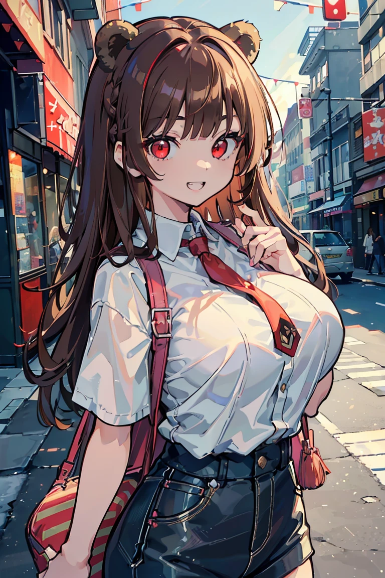 (1 girl), (Bear ears),Low exposure, Breast augmentation, (Beastman),(super high quality), masterpiece, wild, cute, Casual Scene, (strong), Relaxed atmosphere, She is wearing fashionable clothes, (Mischievous Smile), beautiful表情 , Warm sunshine, Street atmosphere, urban environment. Perfect body, (Big Breasts),  ((teeth)),Fresh, meat, wild, (Asymmetrical bangs:1.3), Braided hair, Highly detailed face and eyes, (Brown Hair, Deep gradation red eyes:1.2),(Shining highlight eye), Digital Art, beautiful, Cinema Lighting, By Yusuke Murata.tonality, Romanticism, modern art, Impressionism, reflected light, 8k, masterpiece, Advanced Details, highest quality, Only 5 fingers