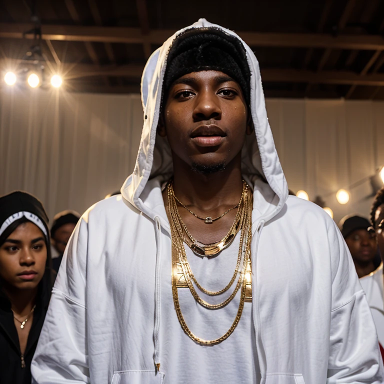Young black man singing at the SHOW and many people watching, Several gold chains around his neck, White clothes with a hood on his head e mascarado