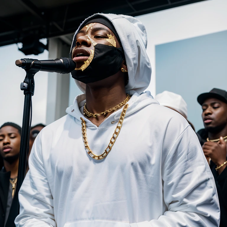 Young black man singing at the SHOW and many people watching, Several gold chains around his neck, White clothes with a hood on his head e mascarado