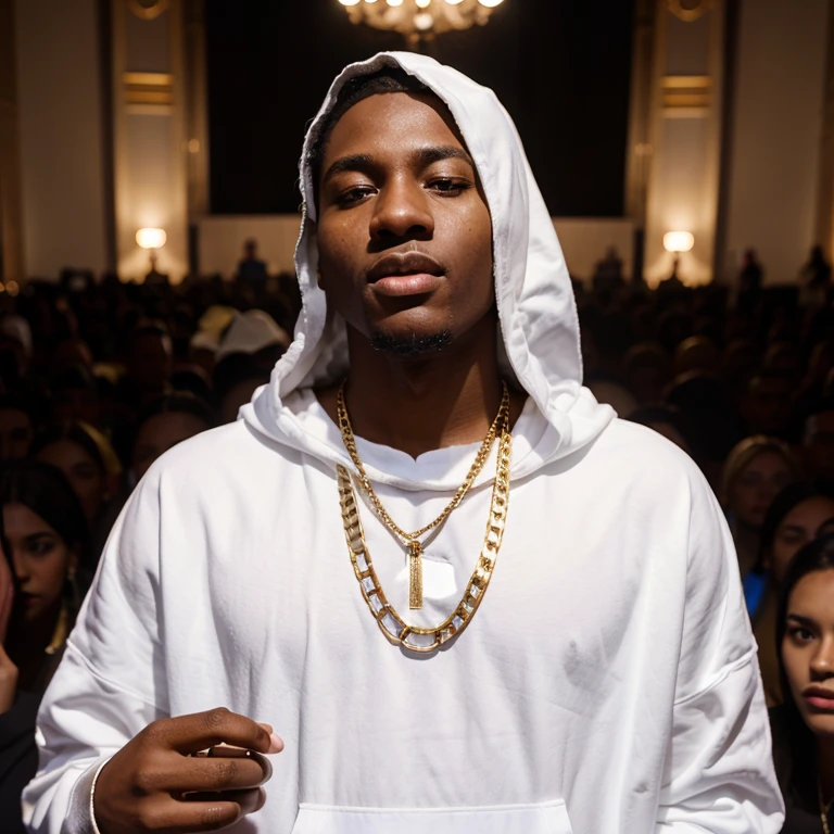 Young black man singing at the SHOW and many people watching, Several gold chains around his neck, White clothes with a hood on his head e mascarado