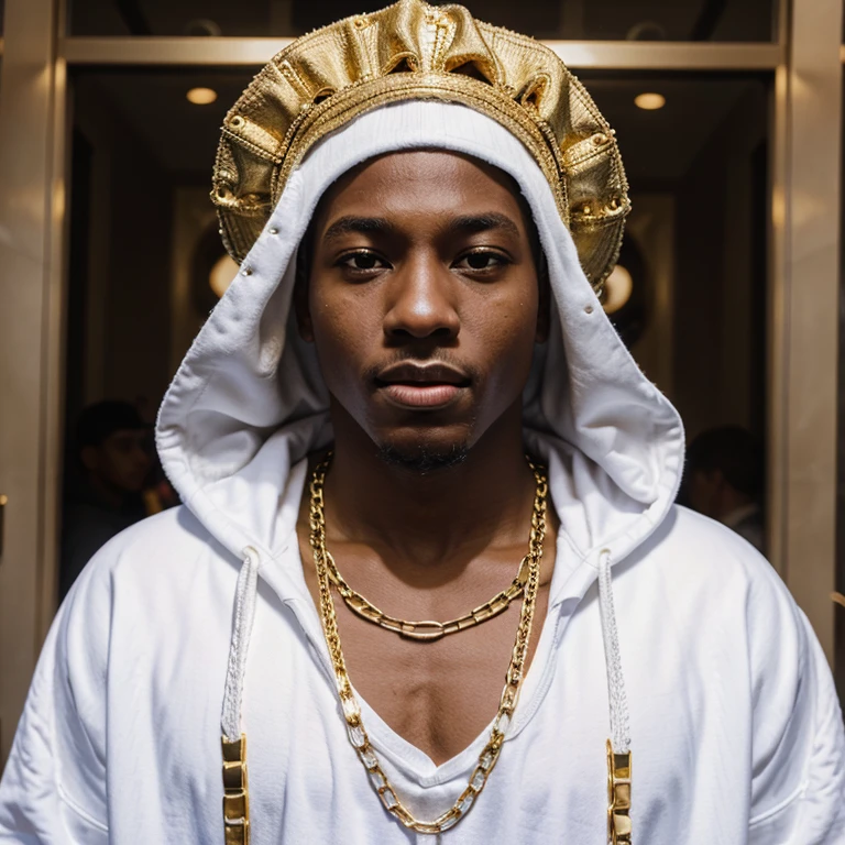 Young black man singing at the SHOW and many people watching, Several gold chains around his neck, White clothes with a hood on his head e mascarado